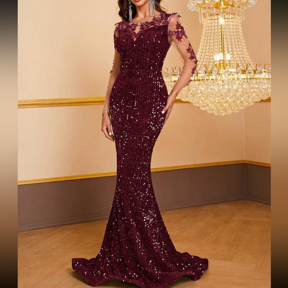 Luxe mesh lace sleeves mermaid hem party sequins dress - Picture 5 of 7
